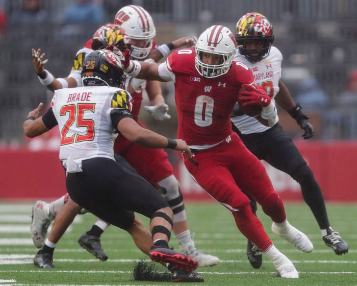 Wisconsin running back Braelon Allen runs the ball against Maryland
